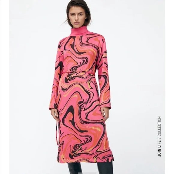 Zara Belted Jacquard Knit Sweater Midi Dress Pink Sz Small NWT - Picture 3 of 12